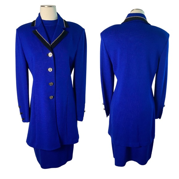 St. John Collection Royal Blue + Black Knit - Gold Metal Detail 3-Piece Suit Set - Picture 1 of 16
